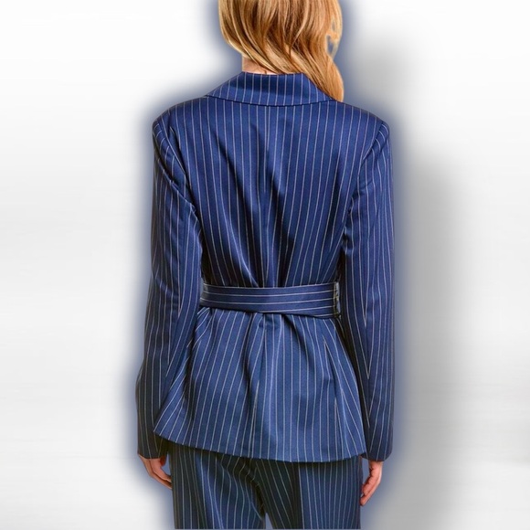 NWT Alexia Admor ‘Olya’ Striped Tie Waist Blazer in “Navy Blue” Pinstripe Sz 14 - Picture 2 of 16